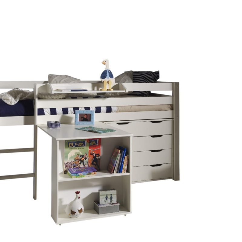 Pino lot avec lit compact, bureau, commode 4 tiroirs et tablette penderie blanc