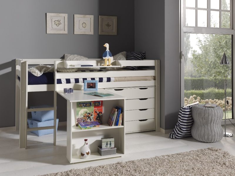 Pino lot avec lit compact, bureau, commode 4 tiroirs et tablette penderie blanc - Image 5