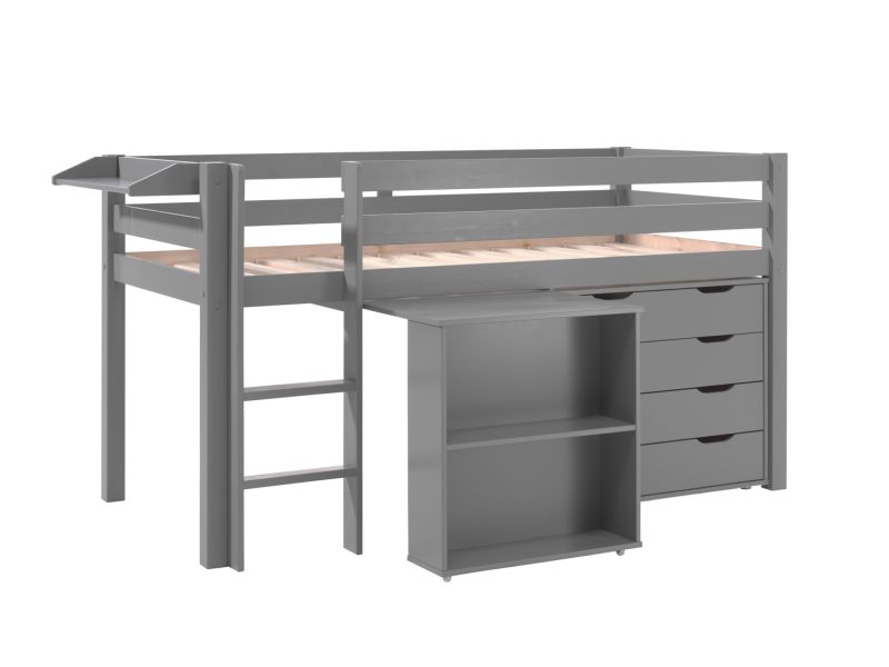 Pino lot avec lit compact, bureau, commode 4 tiroirs, tablette penderie en gris
