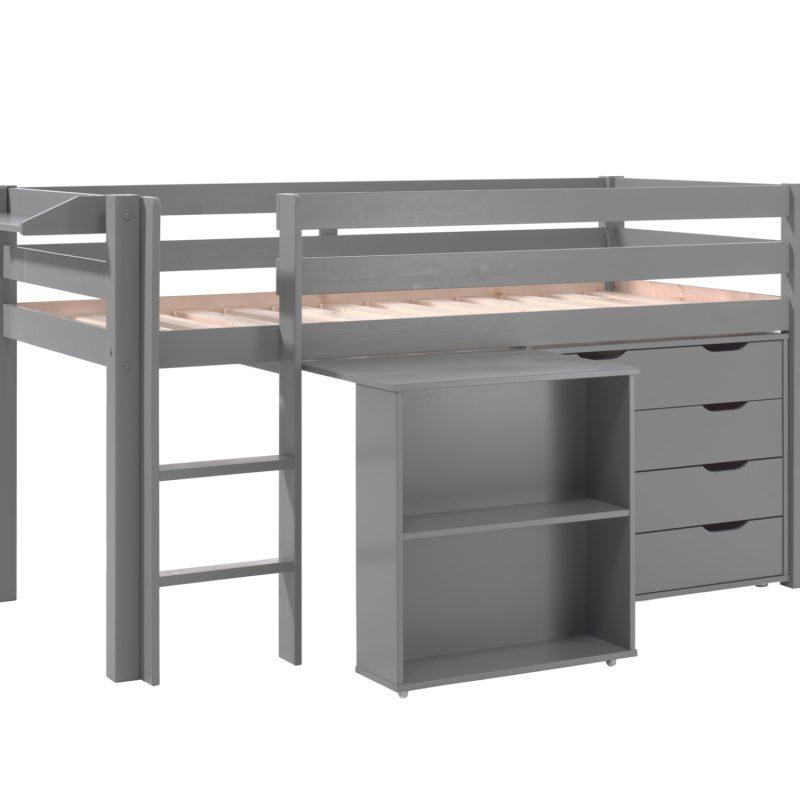 Pino lot avec lit compact, bureau, commode 4 tiroirs, tablette penderie en gris