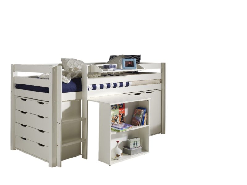 Pino lot avec lit compact, bureau, commode 4 tiroirs, tablette penderie  et ommode 2 portes en blanc
