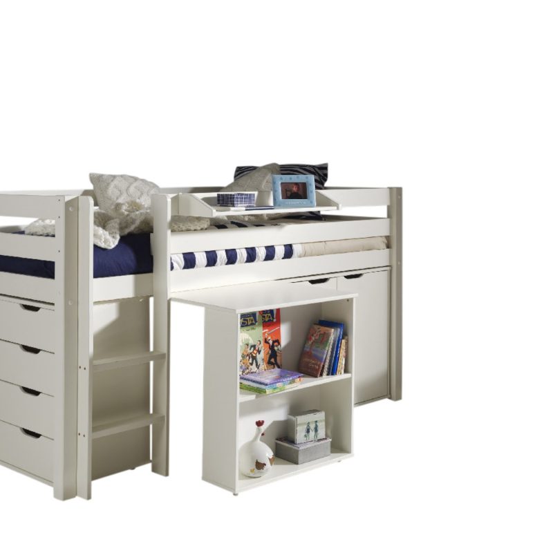 Pino lot avec lit compact, bureau, commode 4 tiroirs, tablette penderie  et ommode 2 portes en blanc