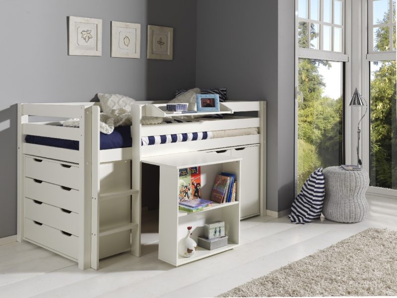 Pino lot avec lit compact, bureau, commode 4 tiroirs, tablette penderie  et ommode 2 portes en blanc - Image 5