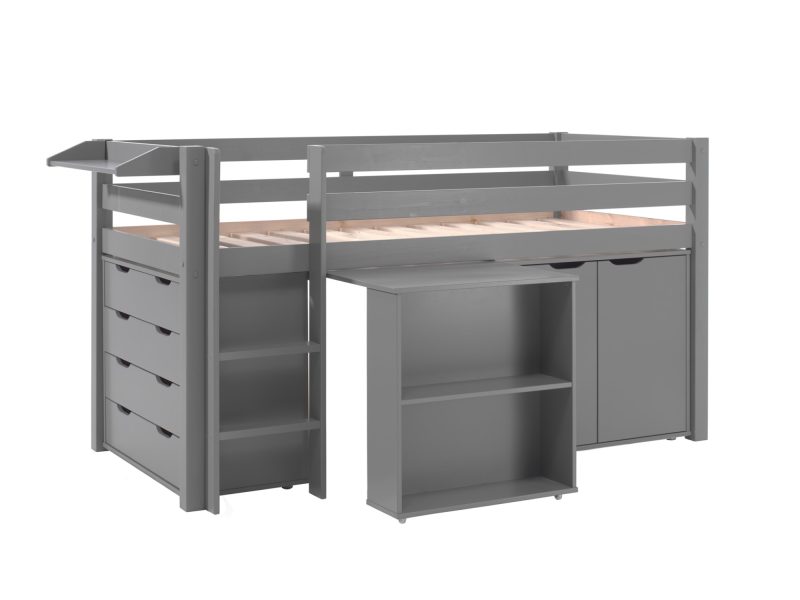 Pino lot avec lit compact, bureau, commode 4 tiroirs, tablette penderie, commode 2portes en gris