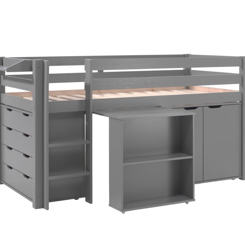 Pino lot avec lit compact, bureau, commode 4 tiroirs, tablette penderie, commode 2portes en gris