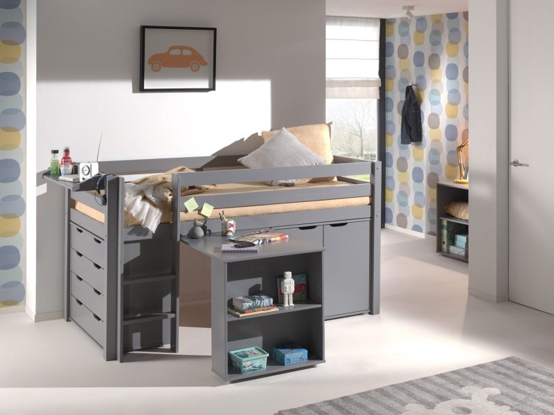 Pino lot avec lit compact, bureau, commode 4 tiroirs, tablette penderie, commode 2portes en gris - Image 2
