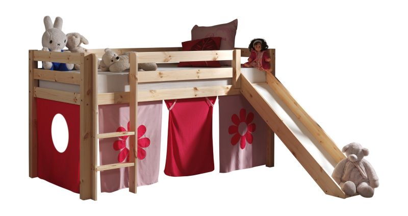Pino lot avec lit compact avec toboggan natur et un housse pink flower