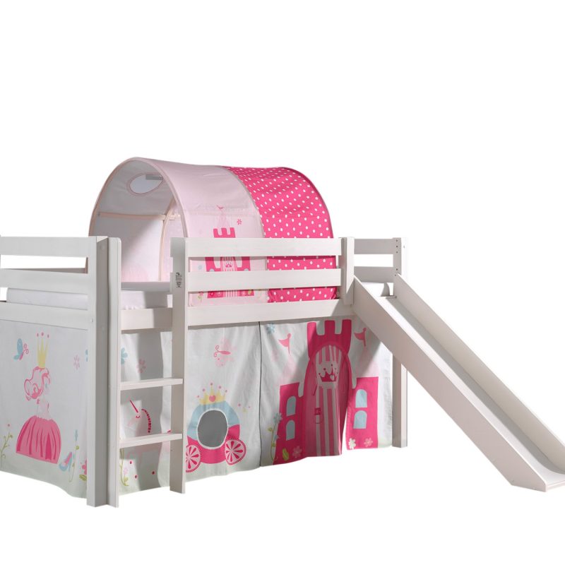 Pino lot avec lit compact avec toboggan blanc, une housse princesse et un tunnel princesse