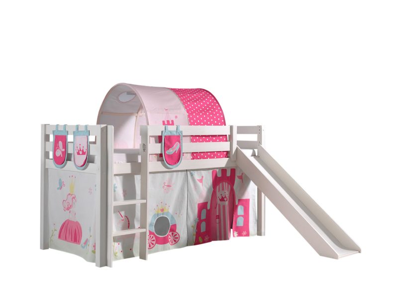 Pino lot avec lit compact avec toboggan blanc, une housse princesse, 3 sachets princesse et un tunnel princesse