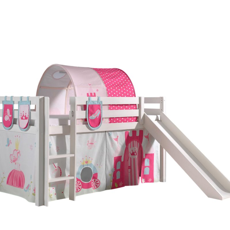 Pino lot avec lit compact avec toboggan blanc, une housse princesse, 3 sachets princesse et un tunnel princesse