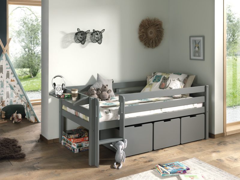 Pino lot avec lit compact echelle , 3 tiroirs gris pour lit et tablette penderie  en gris