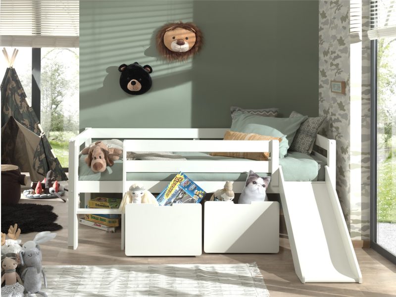 Pino lot avec lit compact echelle, toboggan blanc et 2 tiroirs blanc pour lit - Image 2