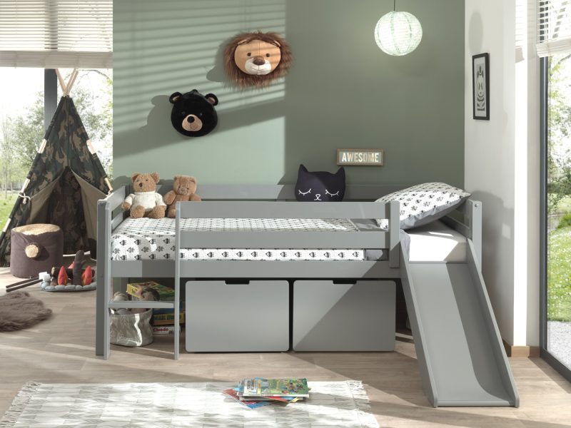 Pino lot avec lit compact echelle, toboggan et  2 tiroirs pour lit en gris - Image 2