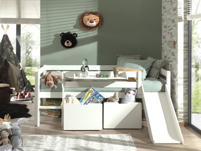 Pino lot avec lit compact echelle, toboggan, 2 tiroirs pour lit et tablette penderie en blanc