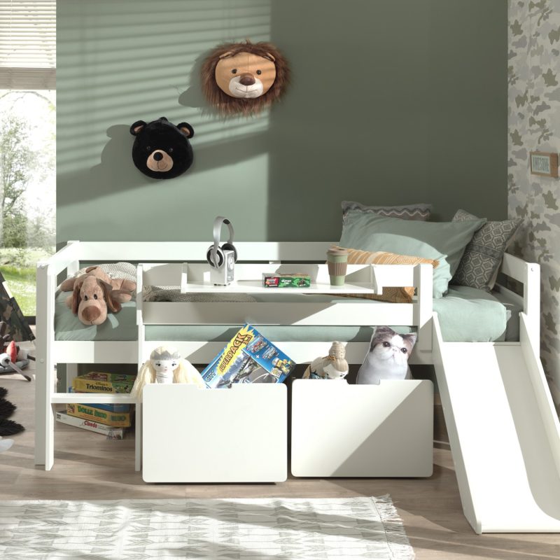 Pino lot avec lit compact echelle, toboggan, 2 tiroirs pour lit et tablette penderie en blanc