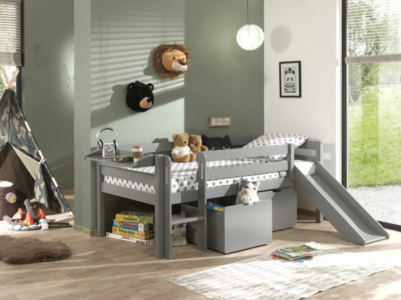 Pino lot avec lit compact echelle, toboggan gris, 2 tiroirs  et tablette penderie en gris