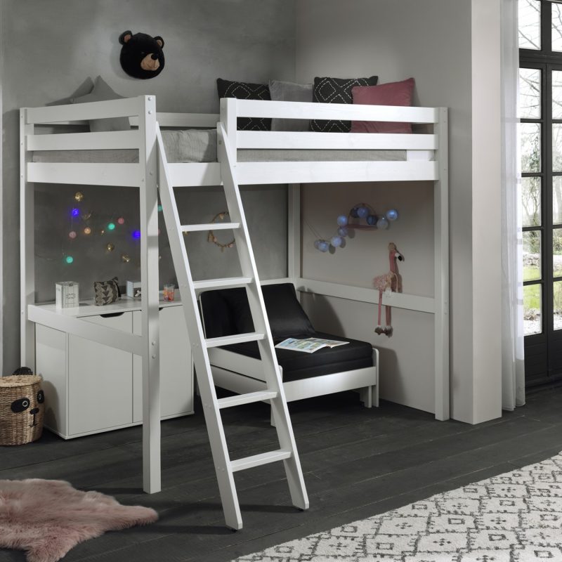 Pino lot avec mezzanine 140x200cm blanc, commode 2portes blanc  et lit fauteuil blanc