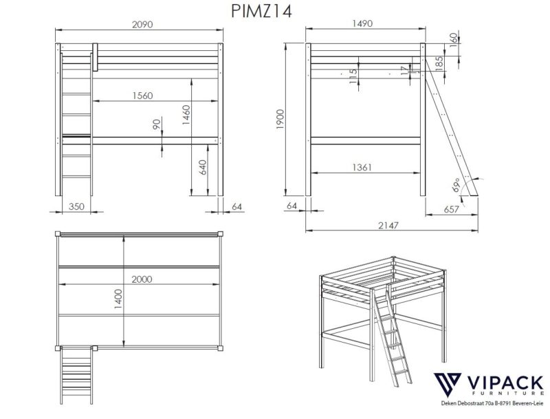 Pino lot avec mezzanine 140x200cm blanc, commode 2portes blanc  et lit fauteuil blanc - Image 2