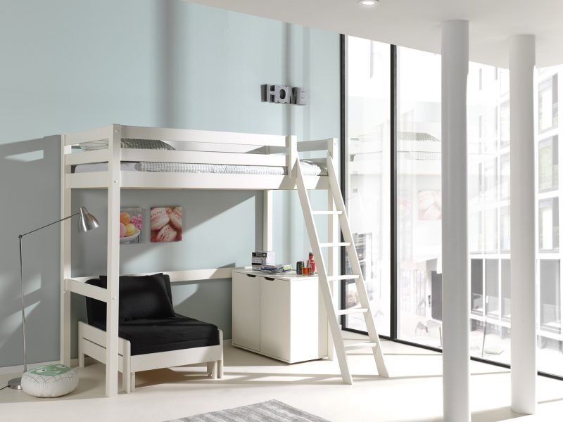 Pino lot de mezzanine 90x200cm blanc, un commode 2portes blanc et un lit fauteuil blanc