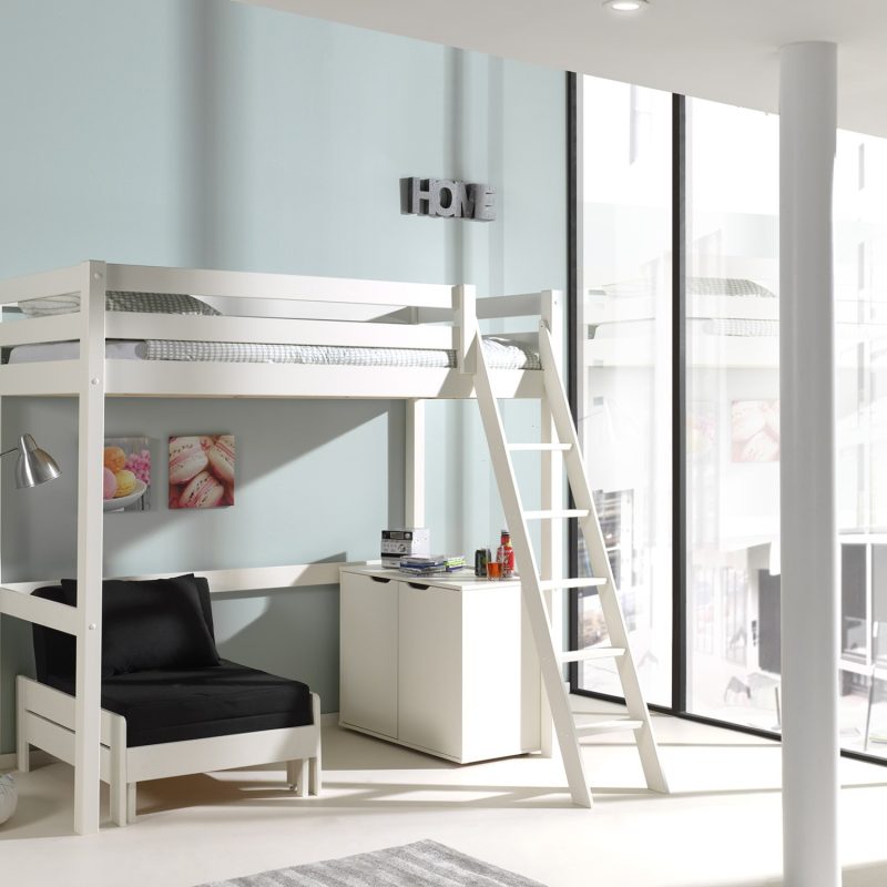 Pino lot de mezzanine 90x200cm blanc, un commode 2portes blanc et un lit fauteuil blanc