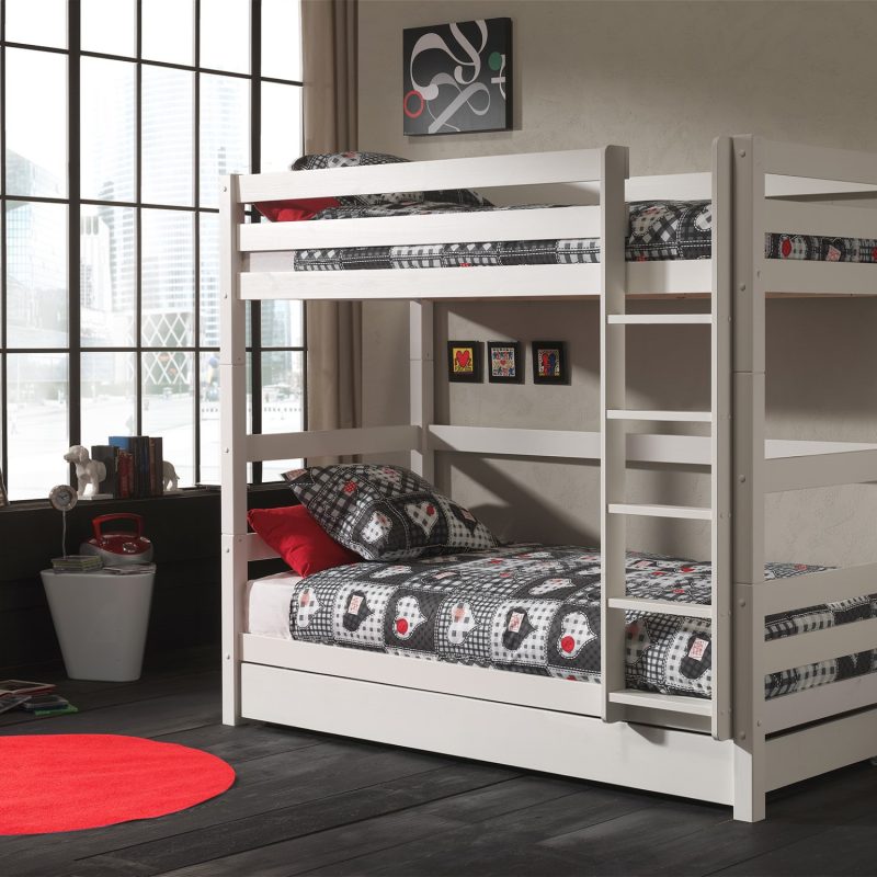 Pino lot avec lit superposé (180cm) blanc et pino lit gigogne (90x195cm) blanc
