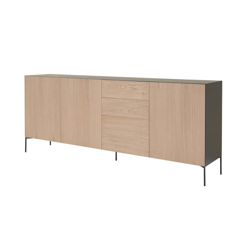 Buffet en chêne à 3 portes et 3 tiroirs, finition côtés métal