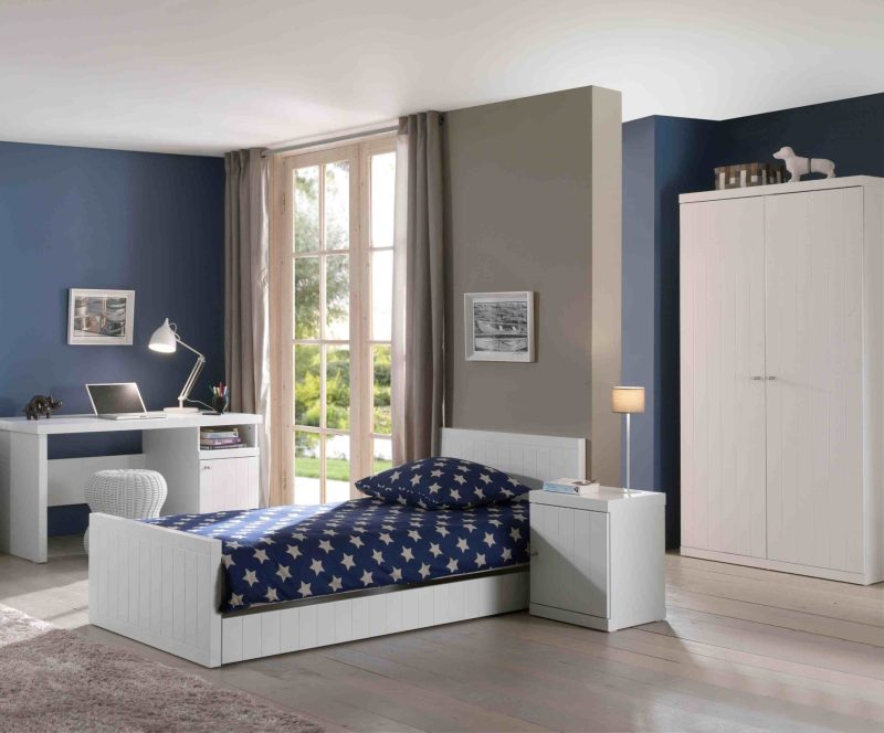 Robin lot avec lit (90 x 200 cm) avec sommier, chevet, armoire 2 portes et bureau