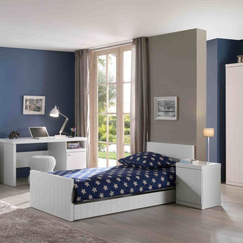 Robin lot avec lit (90 x 200 cm), lit tiroir, chevet, armoire 2 portes, bureau et bibliothèque
