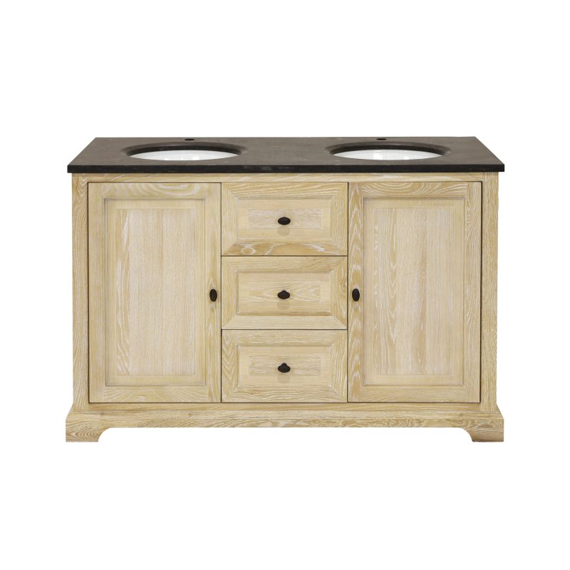 Meuble double vasque chêne blanchi plan pierre bleue
