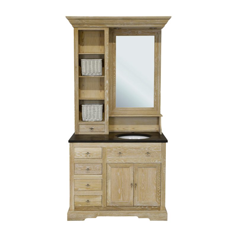 Meuble simple vasque  chêne blanchi plan pierre bleue éclairage led