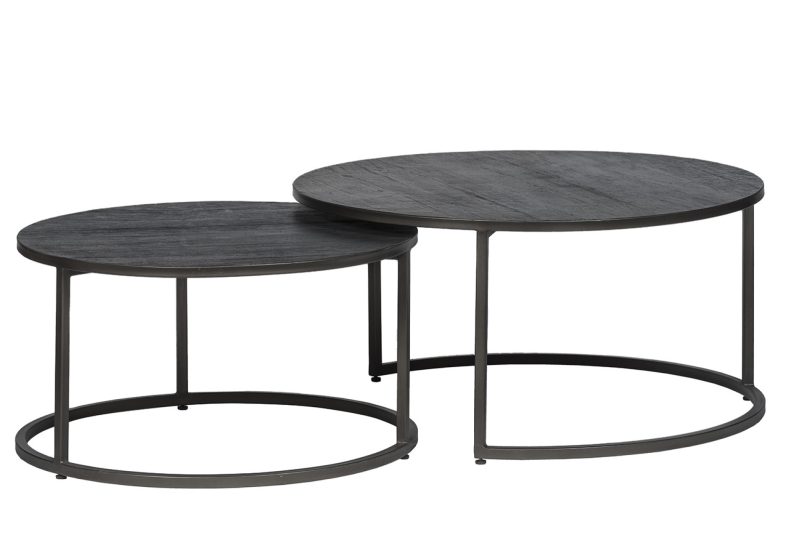 Set de 2 tables rondes teck noir structure métal noir