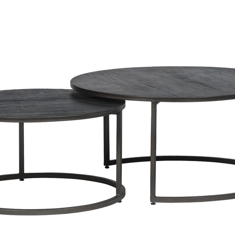 Set de 2 tables rondes teck noir structure métal noir