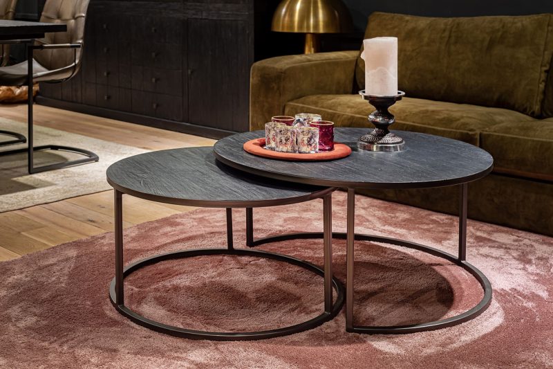 Set de 2 tables rondes teck noir structure métal noir - Image 2