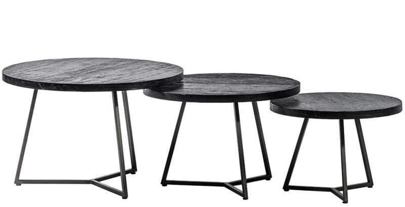 Set de 3 tables rondes teck noir structure métal noir