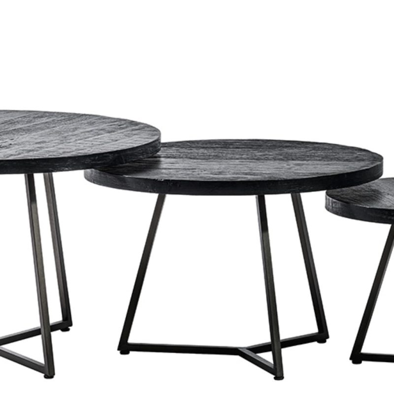 Set de 3 tables rondes teck noir structure métal noir
