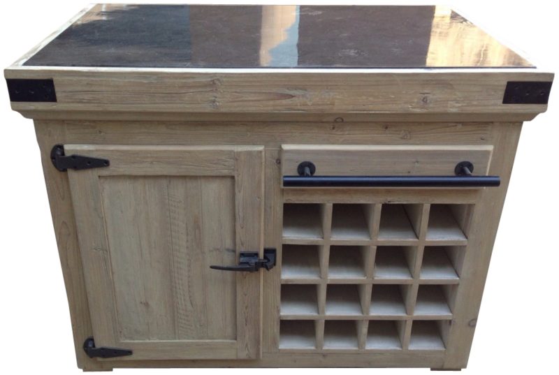 Ilôt central armoire à vin 1 porte pin recyclé teinte olive plateau pierre bleue