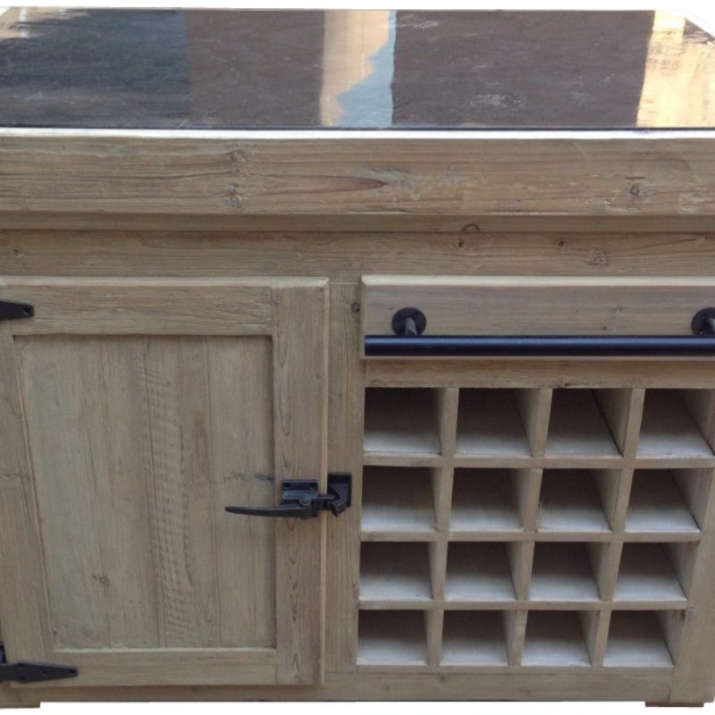 Ilôt central armoire à vin 1 porte pin recyclé teinte olive plateau pierre bleue