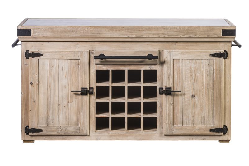 Ilôt central armoire à vin 2 portes pin recyclé teinte olive plateau pierre bleue