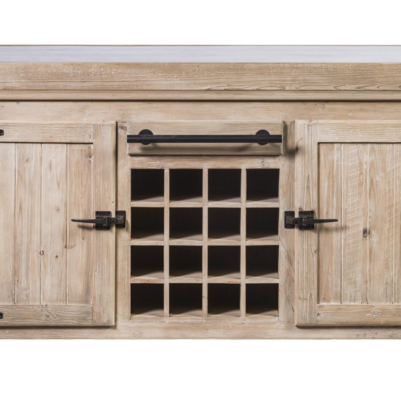 Ilôt central armoire à vin 2 portes pin recyclé teinte olive plateau pierre bleue