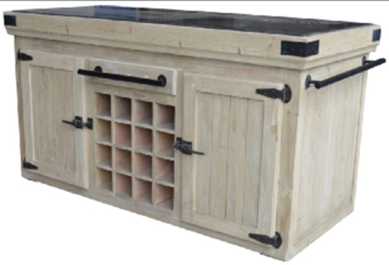 Ilôt central armoire à vin 2 portes pin recyclé teinte olive plateau pierre bleue - Image 3
