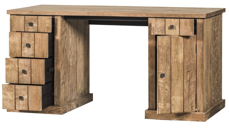 Bureau 5 tiroirs 1 porte, teck recyclé - Image 3