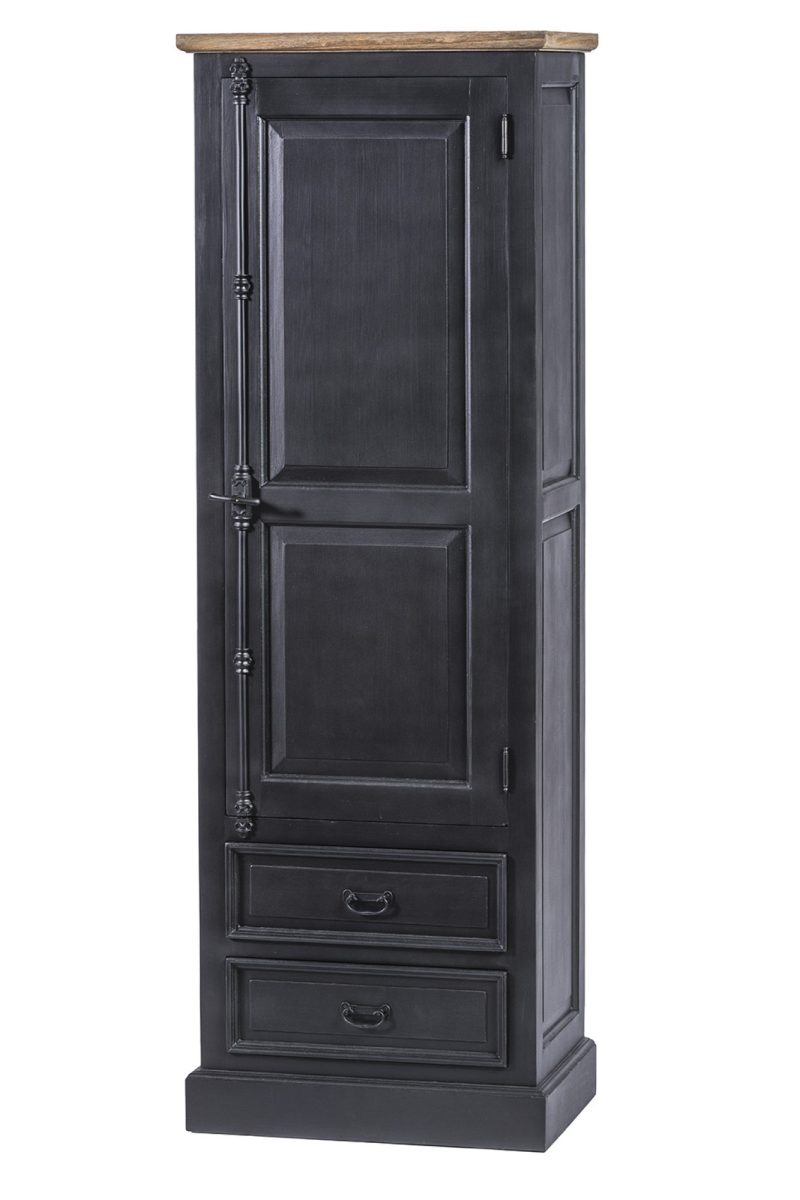 Armoire 1 porte, 2 tiroirs finition noir vieilli et teck - Image 2