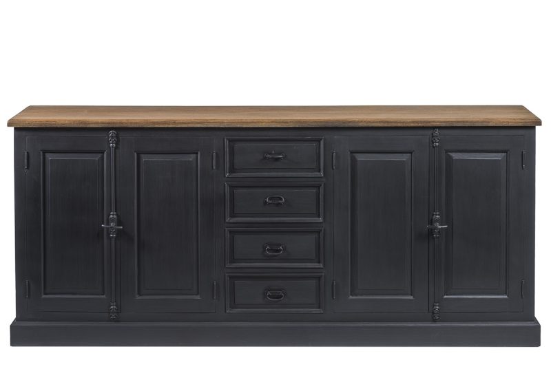 Buffet 4 portes,4 tiroirs, finition noir vieilli et teck