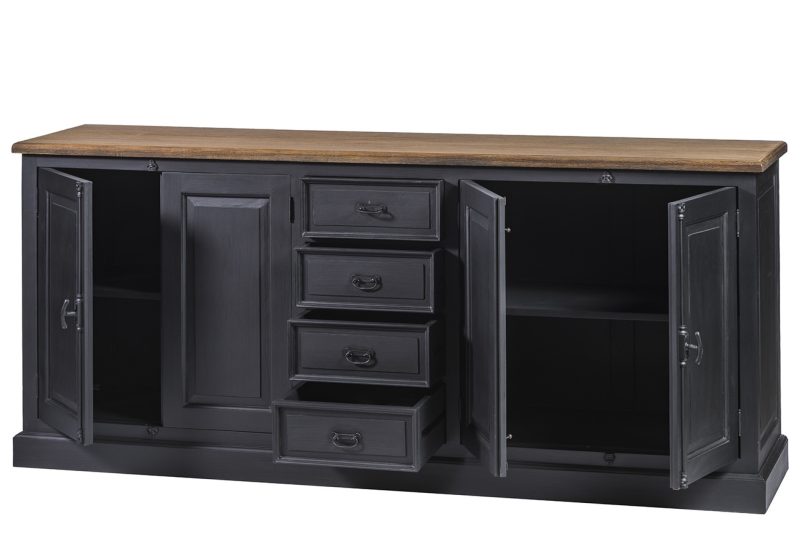 Buffet 4 portes,4 tiroirs, finition noir vieilli et teck - Image 3