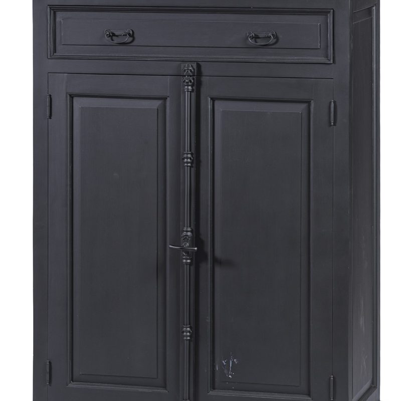Buffet haut 2 portes, 1 tiroir, finition noir vieilli et teck