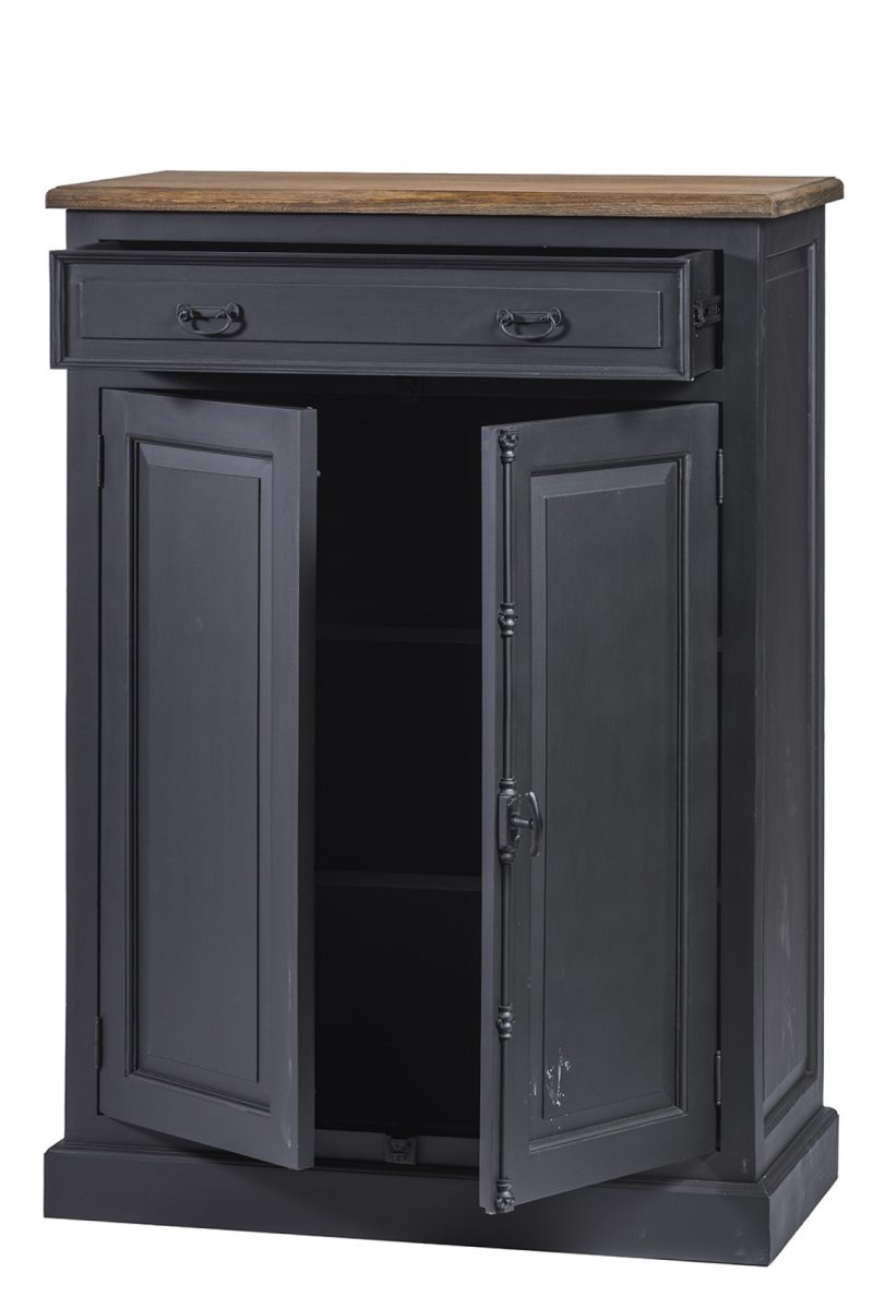 Buffet haut 2 portes, 1 tiroir, finition noir vieilli et teck - Image 2