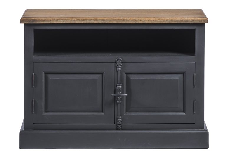 Meuble tv 2 portes, finition noir vieilli et teck
