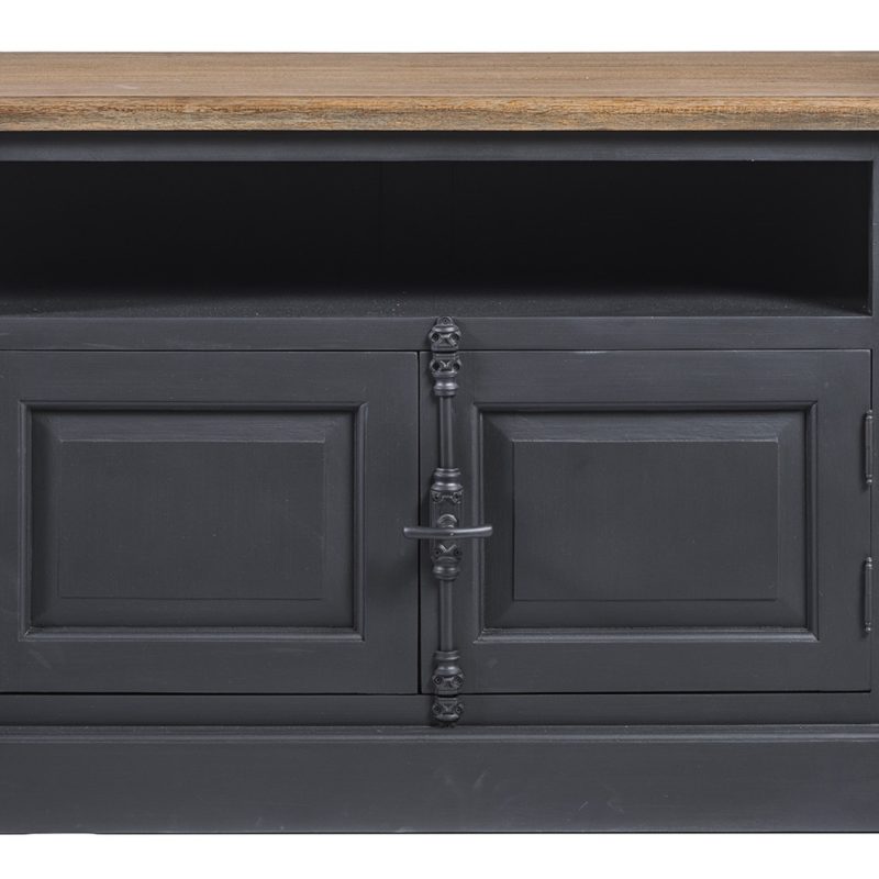 Meuble tv 2 portes, finition noir vieilli et teck