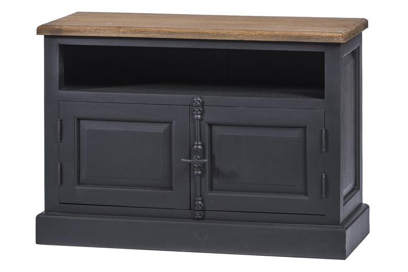 Meuble tv 2 portes, finition noir vieilli et teck - Image 2