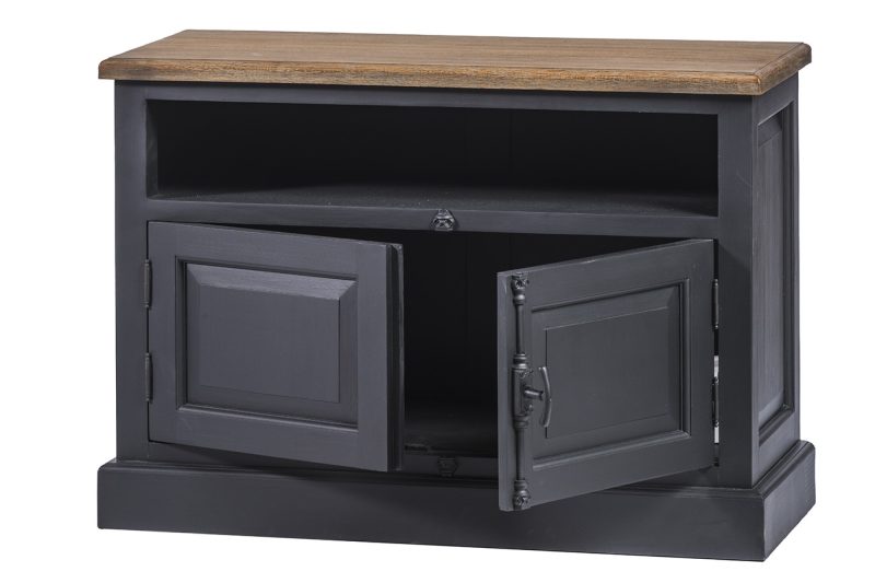 Meuble tv 2 portes, finition noir vieilli et teck - Image 3